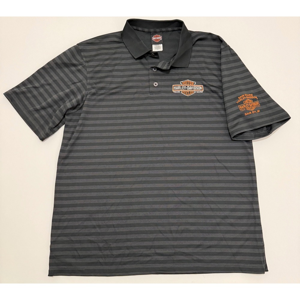 Harley-Davidson Mens XL Polo Shirt Black Grey Striped Sauk Prairie Embroidered